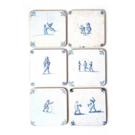 Set 6 onderzetters Delfts blauwe tegeltjes (1620-1750) Kinderspelen