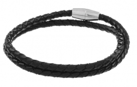 Gevlochten leren armband - zwart