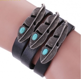 Leren armband Veren - zwart