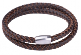 Gevlochten leren armband - donkerbruin