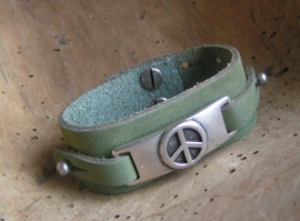 023S  Leren armband Peace - groen