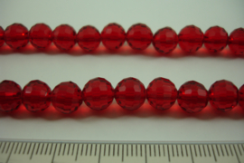 [ 8461 ] 8 mm. Fazet Glas Kralen, Rood helder, 55 cm. per streng