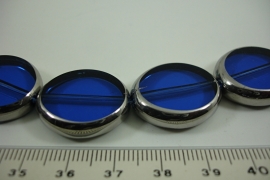 [ 6456 ] Glas kraal Ovaal 23 x 20 mm. Blauw met Zilver rand, 14 stuks