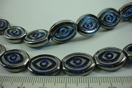 [ 6490 ] Glas kraal Ovaal 17 x 14 mm. Blauw met Zilverrand, 19 stuks