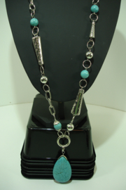 +[ 7123 ] Lange sier Ketting 75 cm. met Turquoise steen