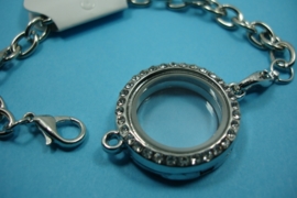 [ 6251 ] Armband 19 cm. met Locker Hartje 28 mm. Zilverkleur met Glitter, per stuk