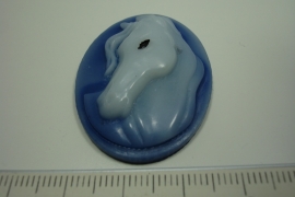 [ 0878 ] Cabuchon Paard, Ovaal 39 x 29 mm. Blauw/Wit, per stuk
