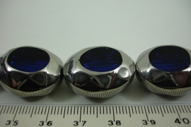 [ 6459 ] Glas kraal dik ovaal 23 x 20 mm. Blauw met Zilver rand, 14 stuks
