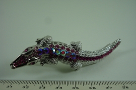 [ 6654 ] Haarspeld Krokodil 8.5 cm. Zilver met Roze strass, per stuk