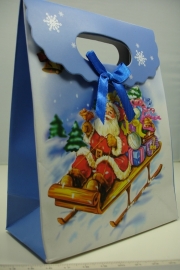 *[ 5963 ] Kerst Tasje Blauw 12.5 x 16 cm. Kerstman op slee, per stuk