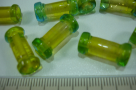 [ 0115 ] Glas kraal 18 mm. klosjes Geel/Groen, per 5 stuks
