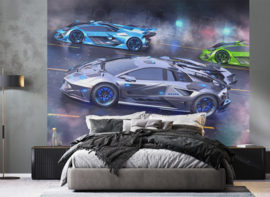 Posterbehang Walltastic Neon supercars 6 panelen