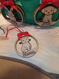 Houten kerstboomhanger met naam "huisdier"