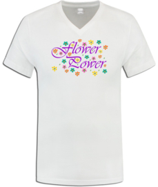 Party t-shirt dames wit met "Flower power"en bloemetjes