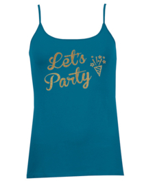 Party spaghetti top blauw en gouden glittertekst "Let's Party"