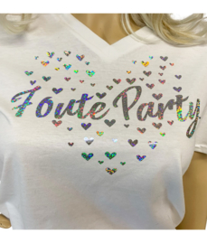 Foute party t-shirt pink v-hals met bling bling strass look hart opdruk Foute Party