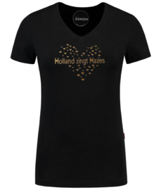 Holland zingt Hazes t-shirt dames V hals zwart met goud glitter hartjes opdruk