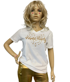 Foute party t-shirt  v-hals met gouden glitter opdruk Foute Party en hartjes
