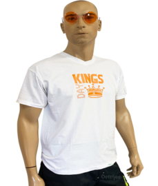 Koningsdag t-shirt heren wit V hals met oranje opdruk kroon en kingsday
