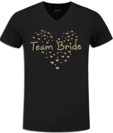 T-shirt V-hals zwart met gouden glitter opdruk "Team Bride" en hartjes