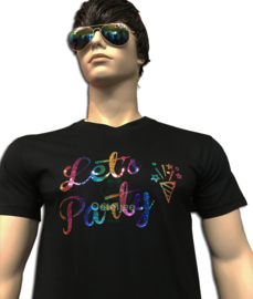 Let's Party t-shirt heren zwart V-hals met multicolour opdruk
