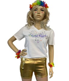 Foute party t-shirt pink v-hals met bling bling strass look hart opdruk Foute Party
