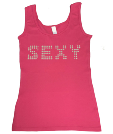 Tanktop fuchsia met zilveren glitter opdruk "Sexy"