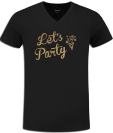 Party t-shirt zwart V-hals met gouden glitter opdruk "Let's Party"