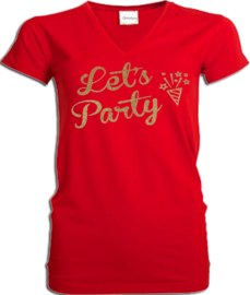 Party t-shirt rood V hals met gouden glitter bedrukking "Let's Party"