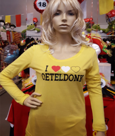 T-shirt dames geel met opdruk "I love Oeteldonk" lange of korte mouw