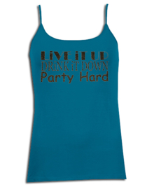 Party spaghetti top blauw met zwart-gouden glittertekst  "Party hard"