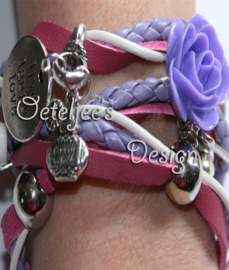 Armband - Wrapped lila fuchsia wit leer met bedels en roosjes