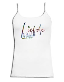 Spaghetti top wit roze maandag / gay pride en rainbow glitter tekst "Liefde is liefde "