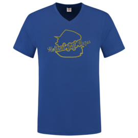 Holland zingt Hazes t-shirt heren royal blue  V hals met metallic gouden bedrukking