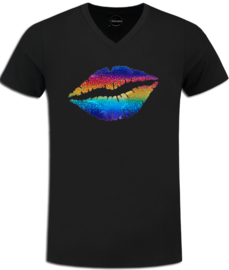 t-shirt zwart, roze maandag / gay pride met rainbow glitter lippen