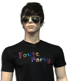 Foute party t-shirt heren zwart V-hals met multicolour opdruk