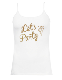 Party spaghetti top wit en gouden glittertekst "Let's Party"