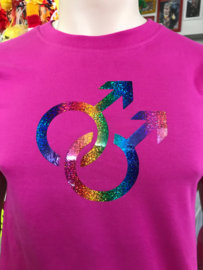 Roze zaterdag / gay pride t-shirt heren pink met glitter opdruk regenboogkleuren