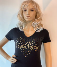 Foute party t-shirt dames zwart v-hals goud opdruk hart