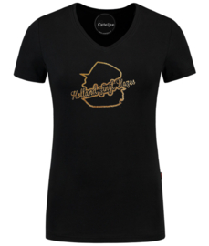 Holland zingt Hazes t-shirt dames V hals zwart met gouden glitter opdruk