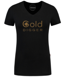 Dames V Hals T-shirt zwart en gouden glittertekst "Gold Digger"