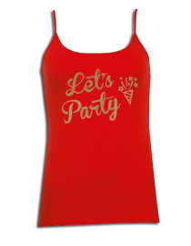 Party spaghetti top  rood en gouden glittertekst "Let's Party"