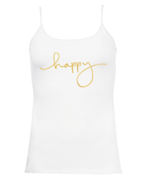 Spaghetti top wit met gouden glitter opdruk "happy"