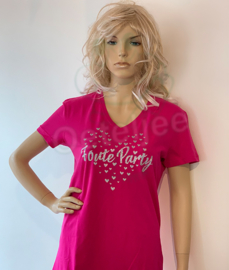 Foute party t-shirt dames pink v-hals zilver glitter opdruk hart