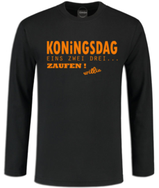 Koningsdag longsleeve heren zwart " Eins, zwei drei, zaufen, willie"