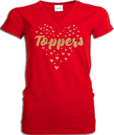 Toppers  in Concert  t-shirt dames rood V hals met gouden glitter hartjes