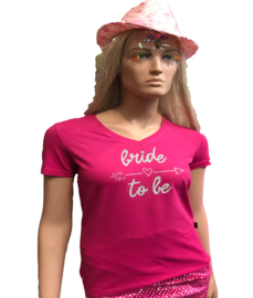 t-shirt vrijgezel "Bride to be" dames V-hals pink met zilveren glitter opdruk