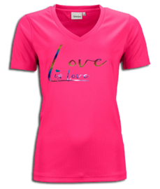 T-shirt  fuchsia roze maandag / gay pride met glitter rainbow tekst "Love is love"