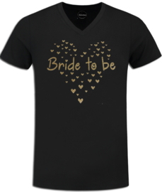 T-shirt V-hals zwart met gouden glitter opdruk "Bride to be" en hartjes