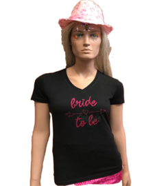 t-shirt vrijgezel "Bride to be" dames zwart met fuchsia glitter opdruk pijltje